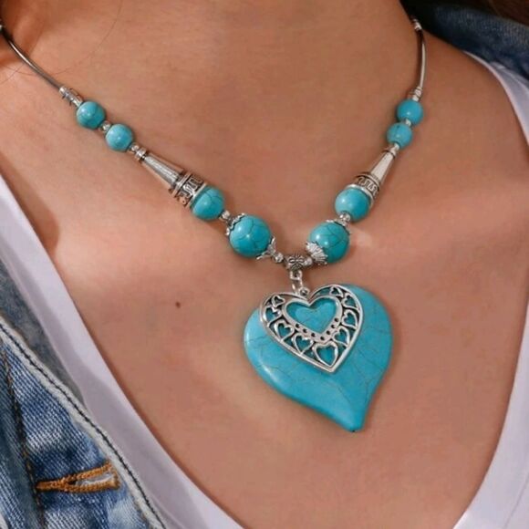 Turquoise Boho Love Heart Necklace - Picture 1 of 5